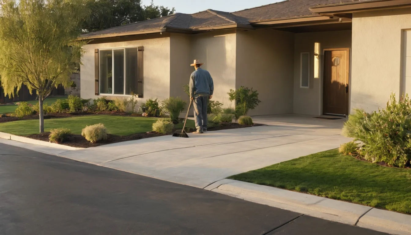 A freshly poured concrete driveway in front of a stucco ranch home in Ontario