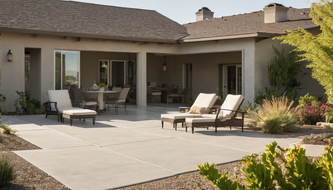 New residential concrete patio beside a stucco home in the Ontario area