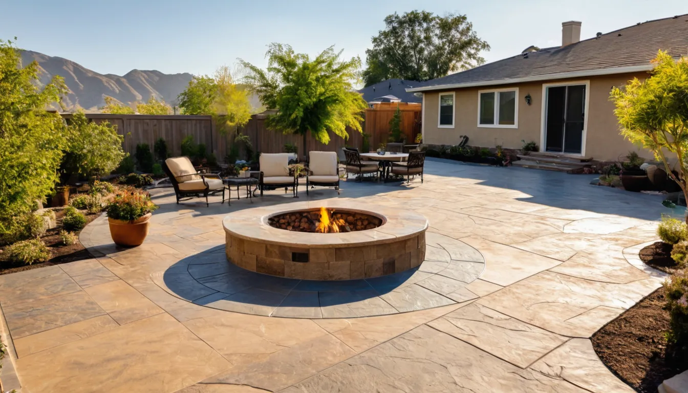 Stamped concrete patio with a warm slate pattern behind a stucco home near Ontario